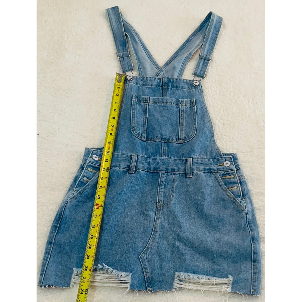 Distressed Denim Overall Skirt Light Wash Ripped Mini Pinafore Dress Medium - Picture 3 of 5